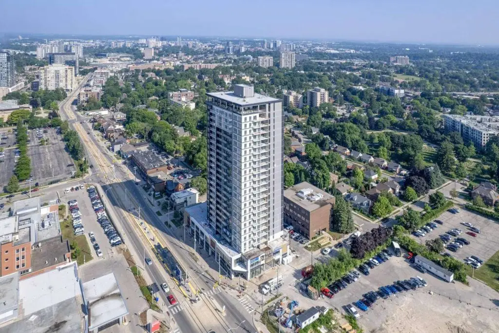 Aerial view of Giorgio on King Street West with the Grand River LRT and downtown Kitchener beyond